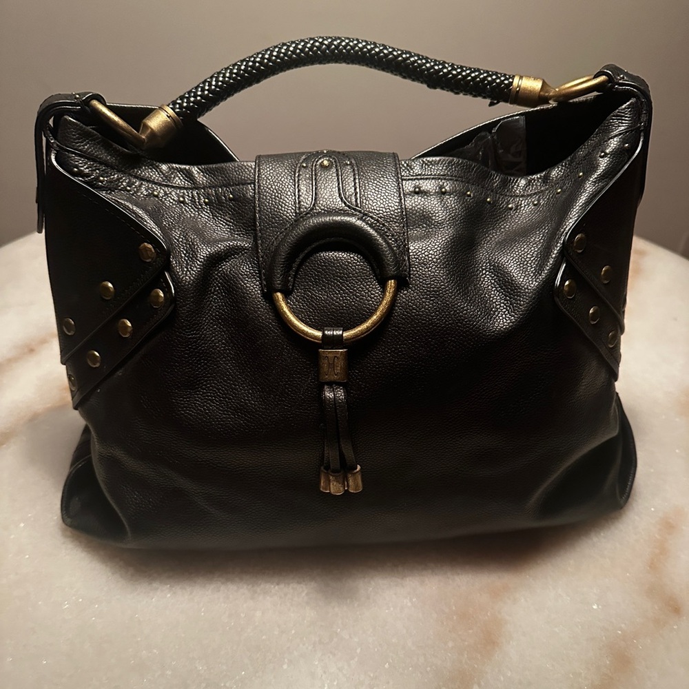 Y2K Cole Haan Pebbled Leather Handbag with Brass Hardware